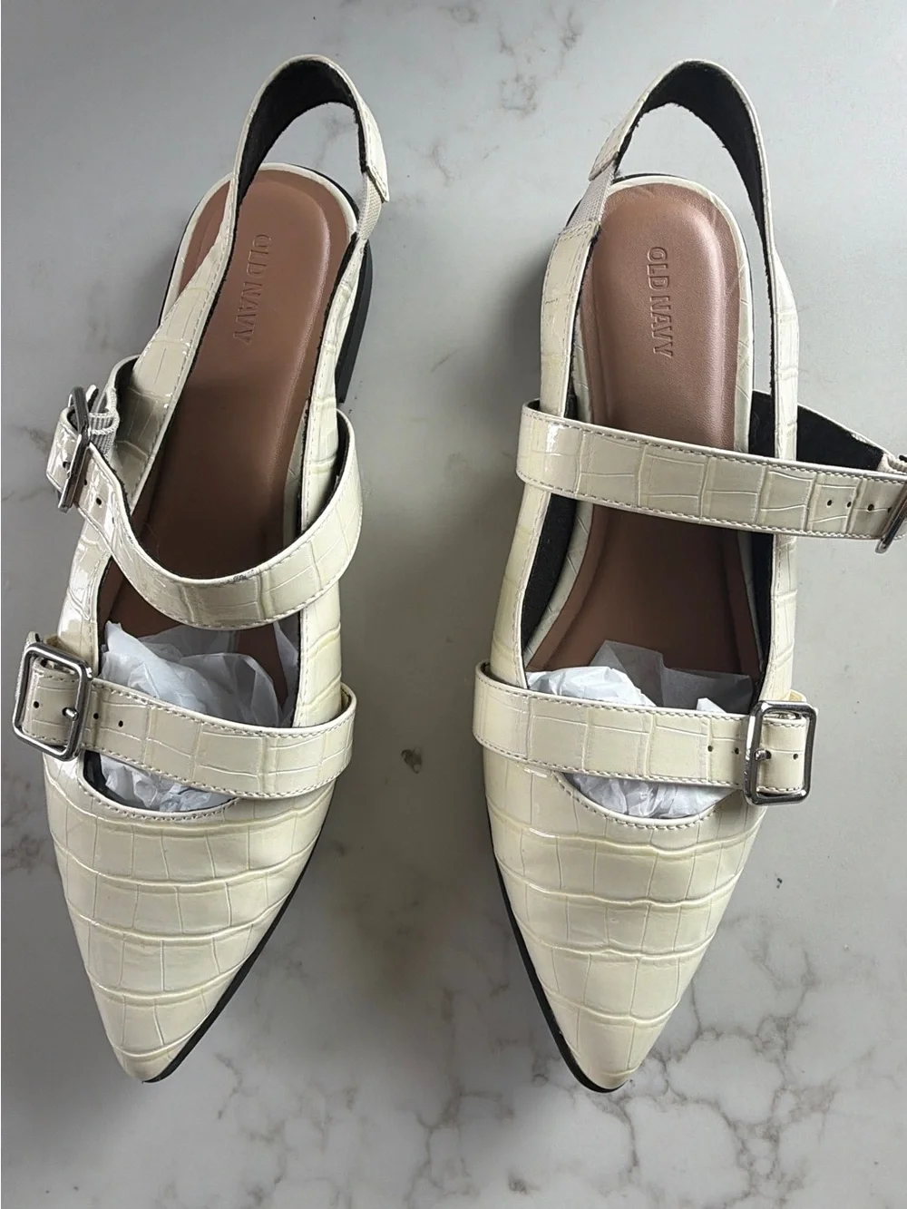 Old Navy Cream Croc-Embossed Pointed Slingback Flats with Dual Buckles